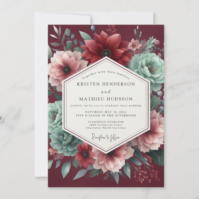 Invitación Garnet Teal Dramatic Wedding (Anverso)