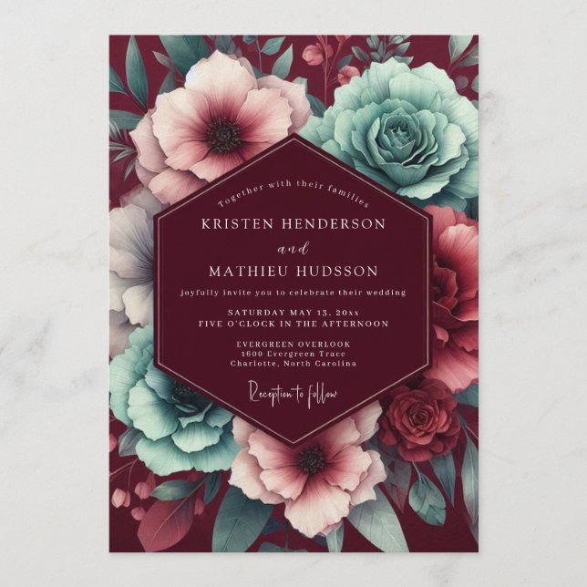 Invitación Garnet Teal Moody Bloom Wedding (Anverso)