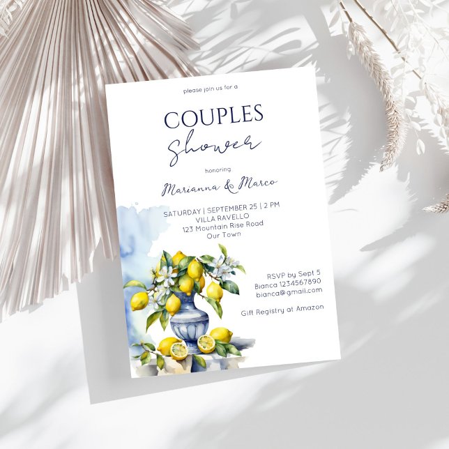 Invitación Garrón azul italiano amalfitano limones con ducha (Amalfi Italian blue talavera ceramic vase lemons summer couples shower Invitation editable template )