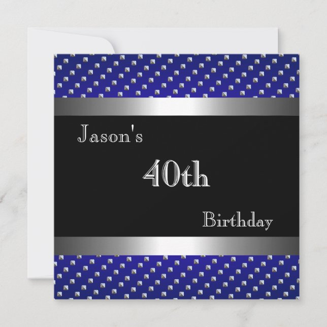 Invitación GARY - Blue Black Silver Studs 40th Birthday Mans (Anverso)