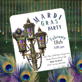 Invitación Gas Lamp | Mardi Gras Beads | Masquerade 