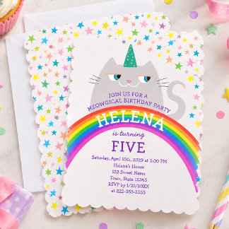 Invitación Gata Arcoíris Unicornio Cumpleaños 5