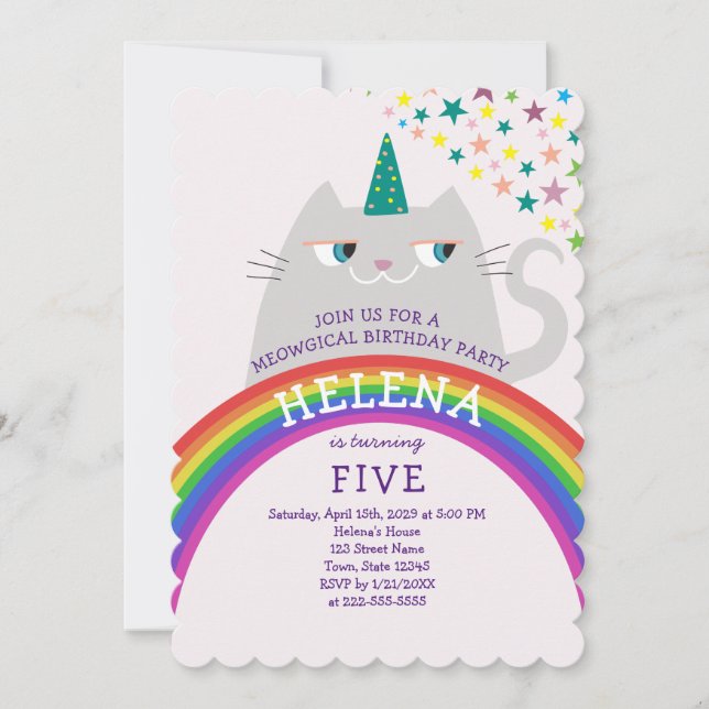Invitación Gata Arcoíris Unicornio Cumpleaños 5 (Anverso)