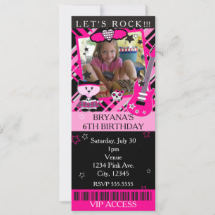 Invitación Gata Estrella de Rock Rosa Boleto VIP Fiesta Rosa