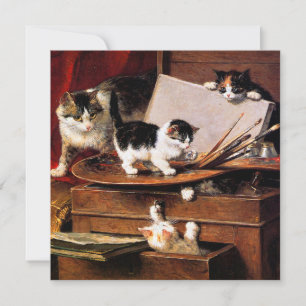 Invitación Gata madre y gatitos en la mesa