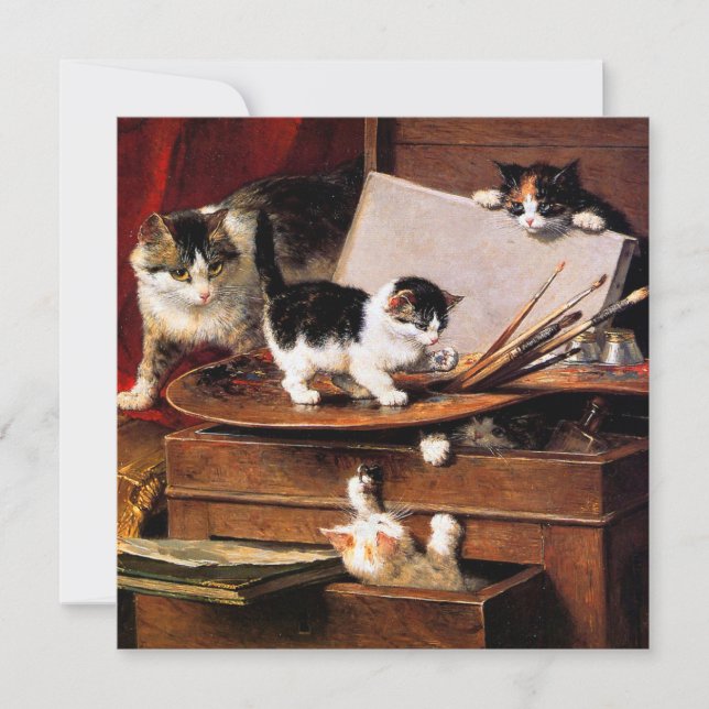 Invitación Gata madre y gatitos en la mesa (Anverso)