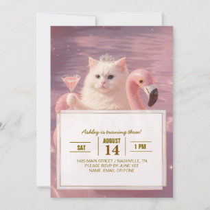 Invitación Gata Princesa de Lujo en Flotador de Flamenco Rosa