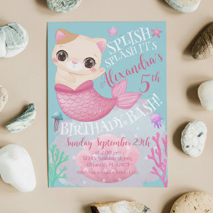 Invitación Gata Sirena Maullena Bajo el Mar Fiesta en la Pisc