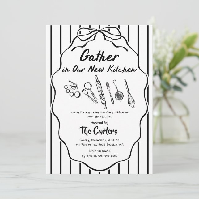 Invitación Gather in Our New Kitchen Housewarming (Anverso de pie)