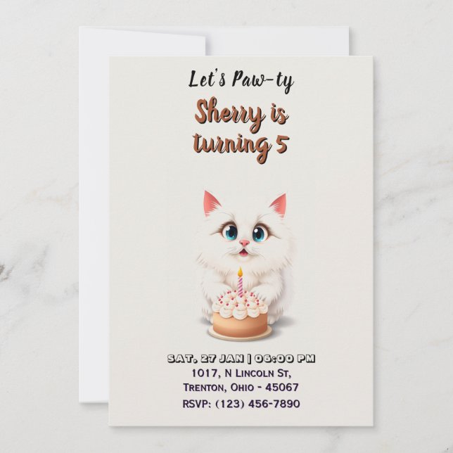 Invitación Gatito blanco lindo con pastel de cumpleaños perso (Anverso)