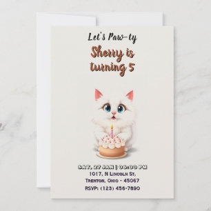 Invitación Gatito blanco lindo con pastel de cumpleaños perso