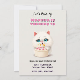 Invitación Gatito blanco lindo con pastel de cumpleaños perso