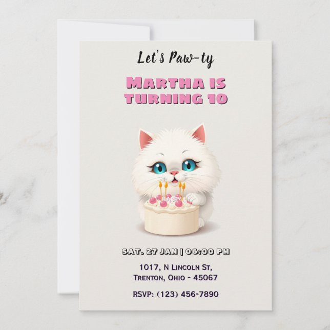 Invitación Gatito blanco lindo con pastel de cumpleaños perso (Anverso)