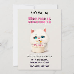 Invitación Gatito blanco lindo con pastel de cumpleaños perso