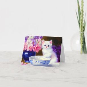 Invitación Gatito blanco vintage con cinta morada