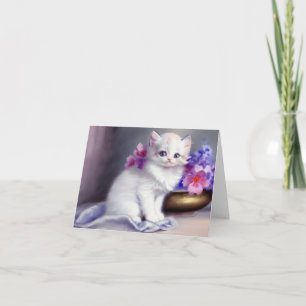 Invitación Gatito blanco vintage con flores rosadas y moradas