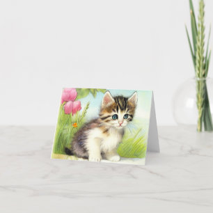 Invitación Gatito blanco y marrón vintage con flores
