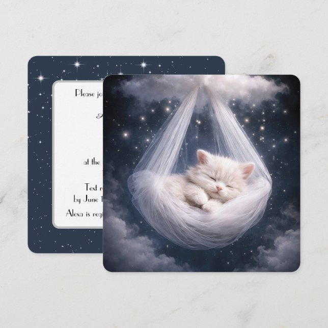 Invitación Gatito colgando de una hamaca de tul y nube (Anverso / Reverso)