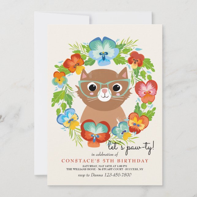 Invitación Gatito Con Gafas Fiesta De Cumpleaños (Anverso)