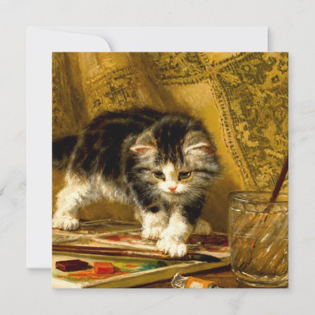 Invitación Gatito con pintura y brochas (Anverso)