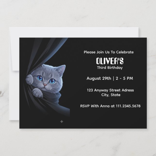 Invitación Gatito Curioso de Ojos Azules (Anverso)