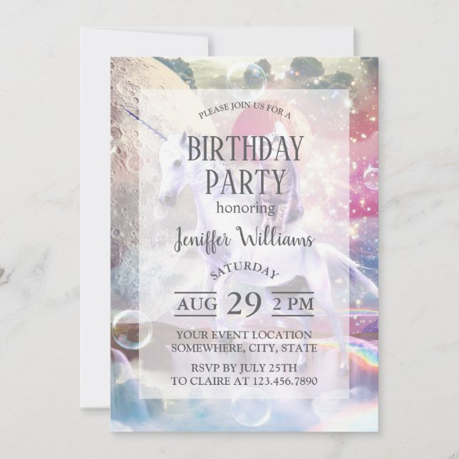 Invitación Gatito de galaxia arco iris montando unicornio en  (Anverso)