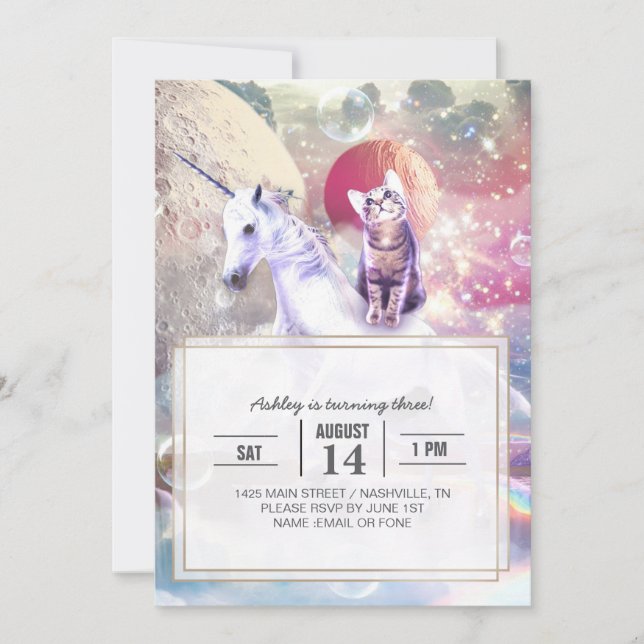 Invitación Gatito de galaxia arco iris montando unicornio en  (Anverso)
