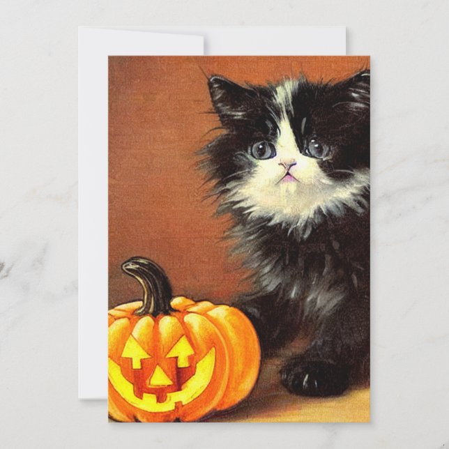 Invitación Gatito de Halloween blanco y negro vintage (Anverso)