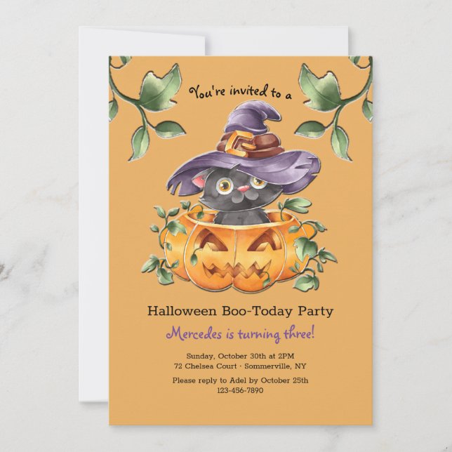 Invitación Gatito en una fiesta de cumpleaños de calabaza (Anverso)