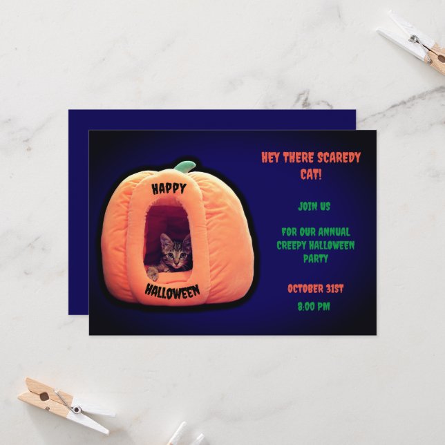 Invitación Gatito espeluznante de calabaza morado y Naranja (Anverso/Reverso In Situ)