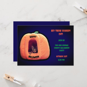 Invitación Gatito espeluznante de calabaza morado y Naranja