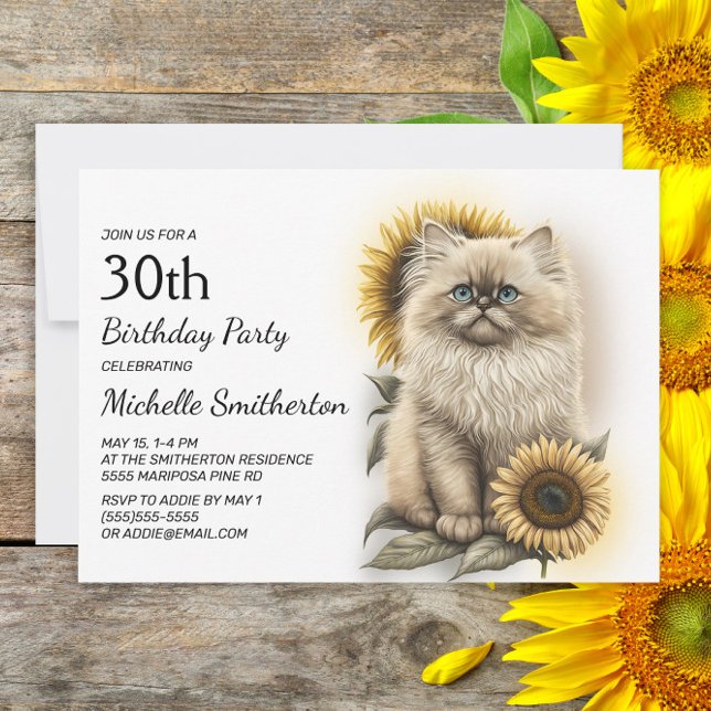 Invitación Gatito Himalayo Girasoles Cumpleaños 30 (Subido por el creador)