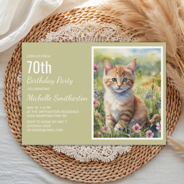 Invitación Gatito Naranja Amarillo Amante Cumpleaños 70 (Cat 70th birthday party invitation)