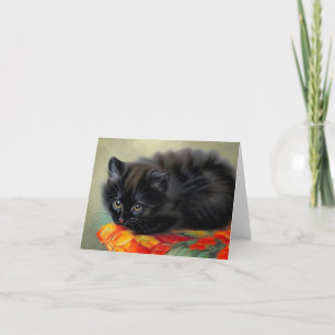 Invitación Gatito negro vintage con manta de flor roja
