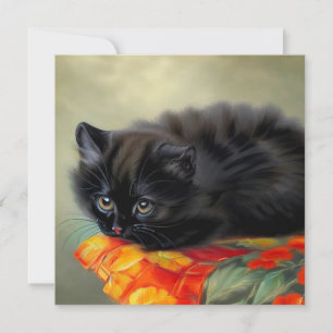Invitación Gatito negro vintage con manta de flor roja