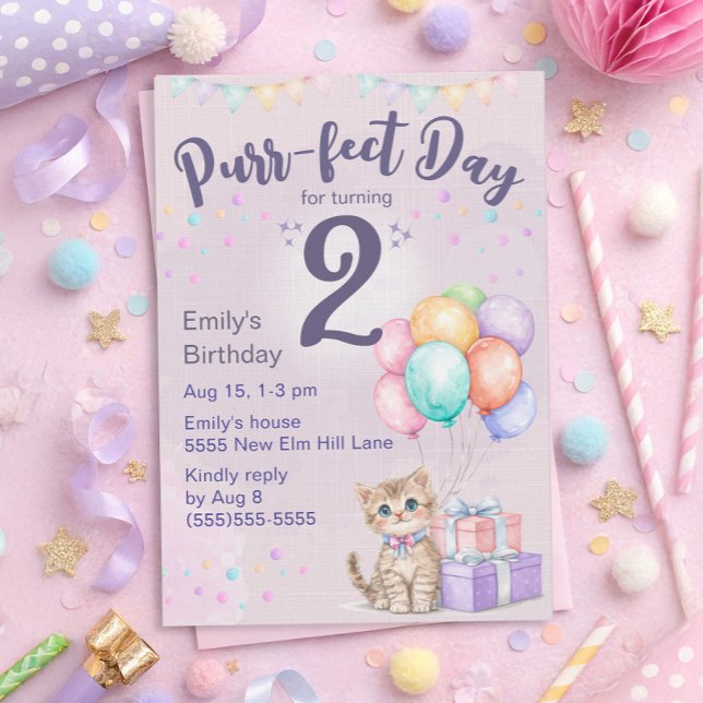 Invitación Gatito Pastel Cumpleaños 2 de Niña (Cute kitten "Purr-fect day for turning 2" birthday party invitation for little girls)