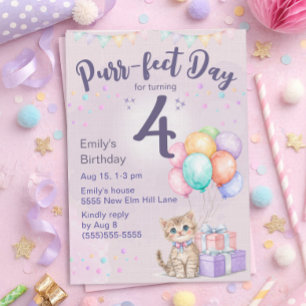 Invitación Gatito Pastel Cumpleaños 4 de una Niña Pequeña