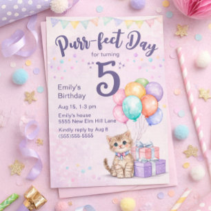 Invitación Gatito Pastel Cumpleaños 5 de una Niña Pequeña