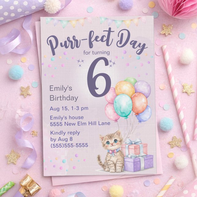 Invitación Gatito Pastel Cumpleaños 6 de una Niña (Cute kitten "Purr-fect day for turning 6" birthday party invitation for little girls)