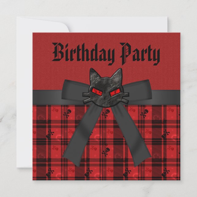 Invitación Gatito y cráneos negros negros y cumpleaños rojo (Anverso)