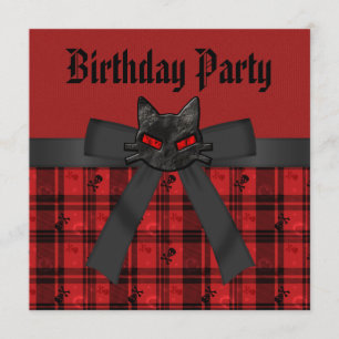Invitación Gatito y cráneos negros negros y cumpleaños rojo