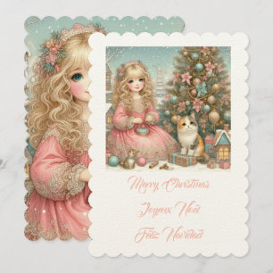 Invitación Gatito y niña, Feliz Navidad