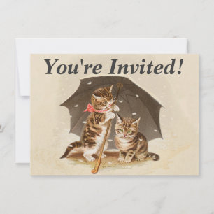 Invitación Gatitos antiguos bajo paraguas arte de gato antigu