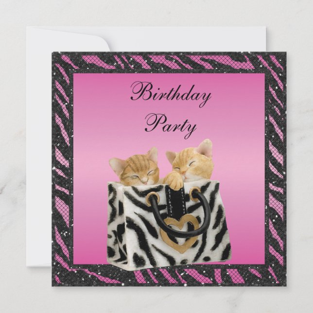 Invitación Gatitos en cumpleaños del purpurina del estampado (Anverso)