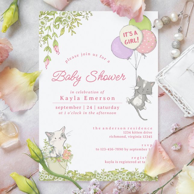 Invitación Gatitos y floral de primavera | Cute Girly Baby Sh (Subido por el creador)