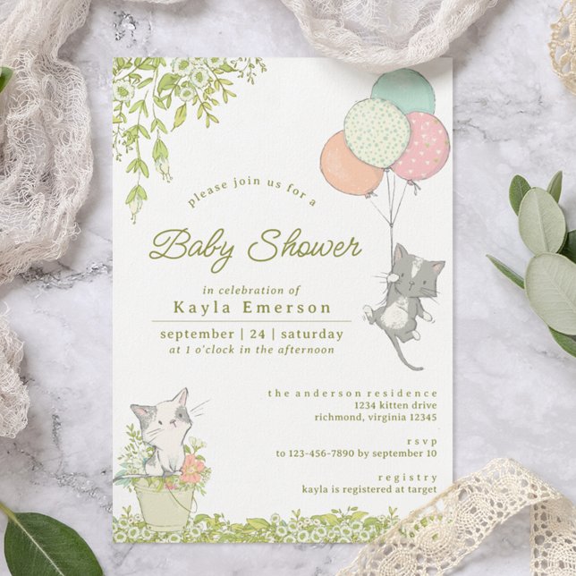 Invitación Gatitos y flores | Neutral Spring Baby Shower (Subido por el creador)