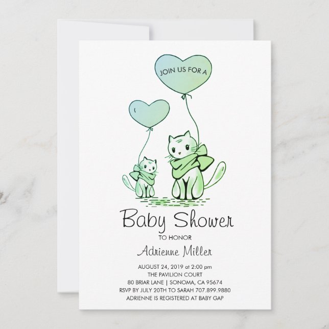 Invitación Gatitos Y Globos De Baby Shower Ilustrados (Anverso)