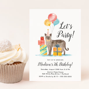 Invitación Gato acuarela con globos niños Fiesta de cumpleaño