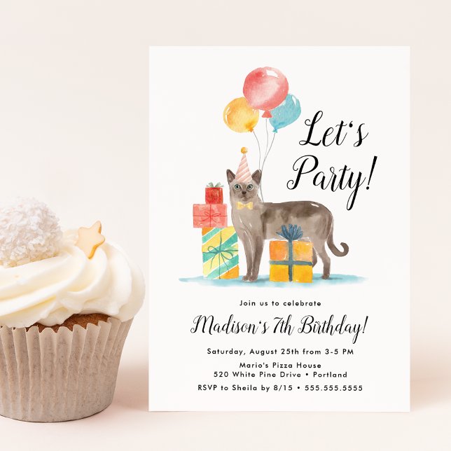 Invitación Gato acuarela con globos niños Fiesta de cumpleaño (Subido por el creador)