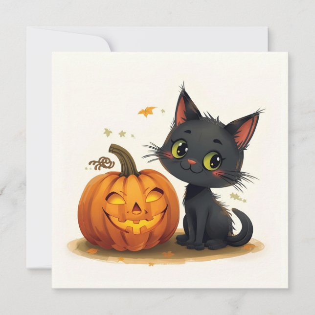 Invitación Gato Adorable con Calabaza Grabada (Anverso)